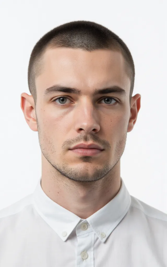 A French male model with a Buzz cut, wearing a shirt, against a white background, in a front   facing bust portrait